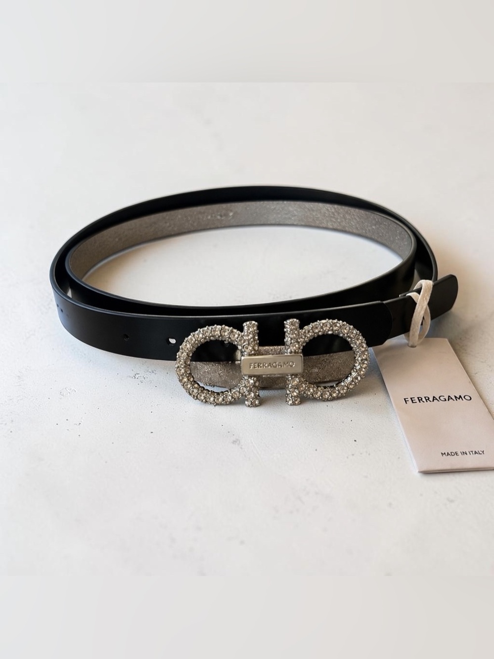 Salvatore Ferragamo Black Leather Belt with Crystal Double Gancio Buckle